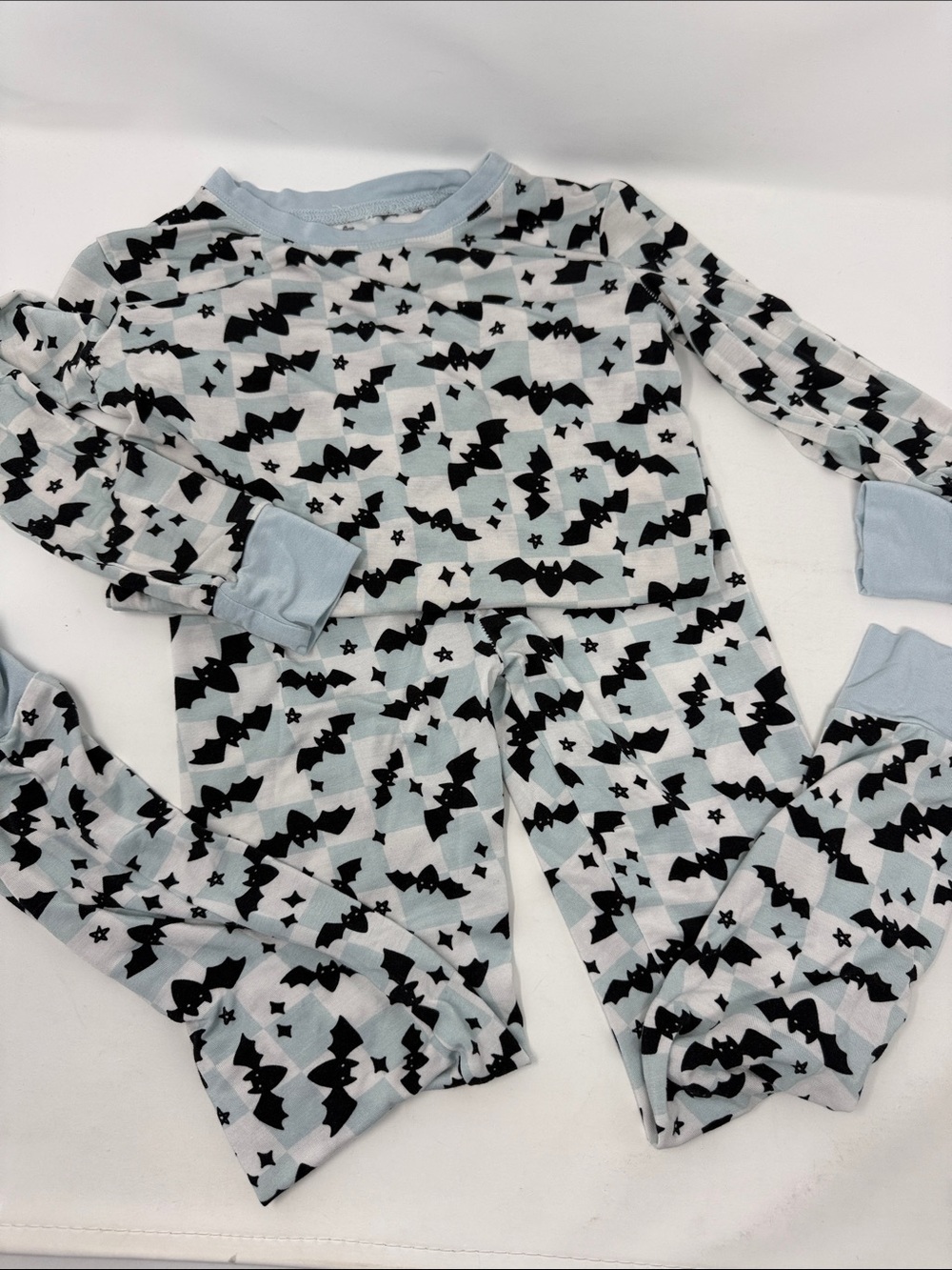 Halloween Kids Black Bat Print Light Blue Pajama Set size 7-8 Tall Worn once